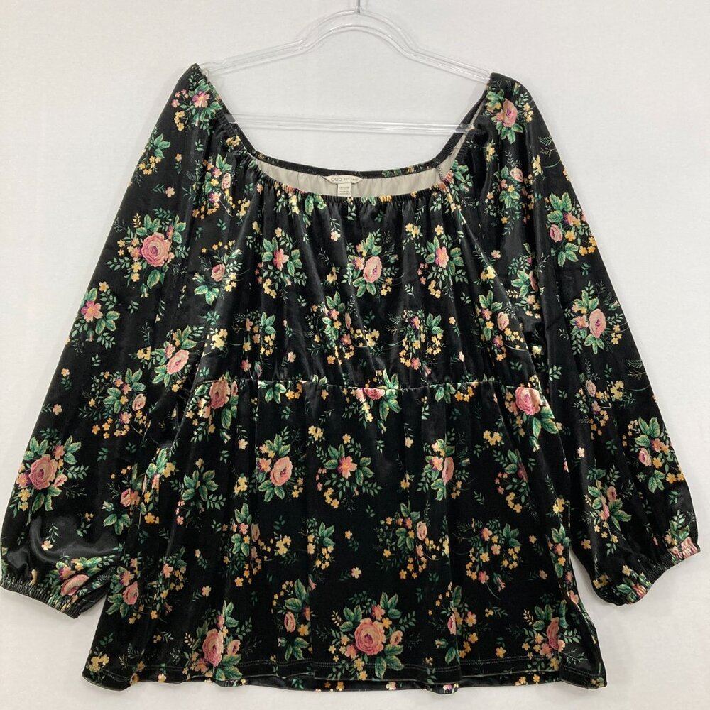 Cato size 14/16W Black Multi Color Floral Velvet 3/4 Sleeve Dark Blouse Romantic